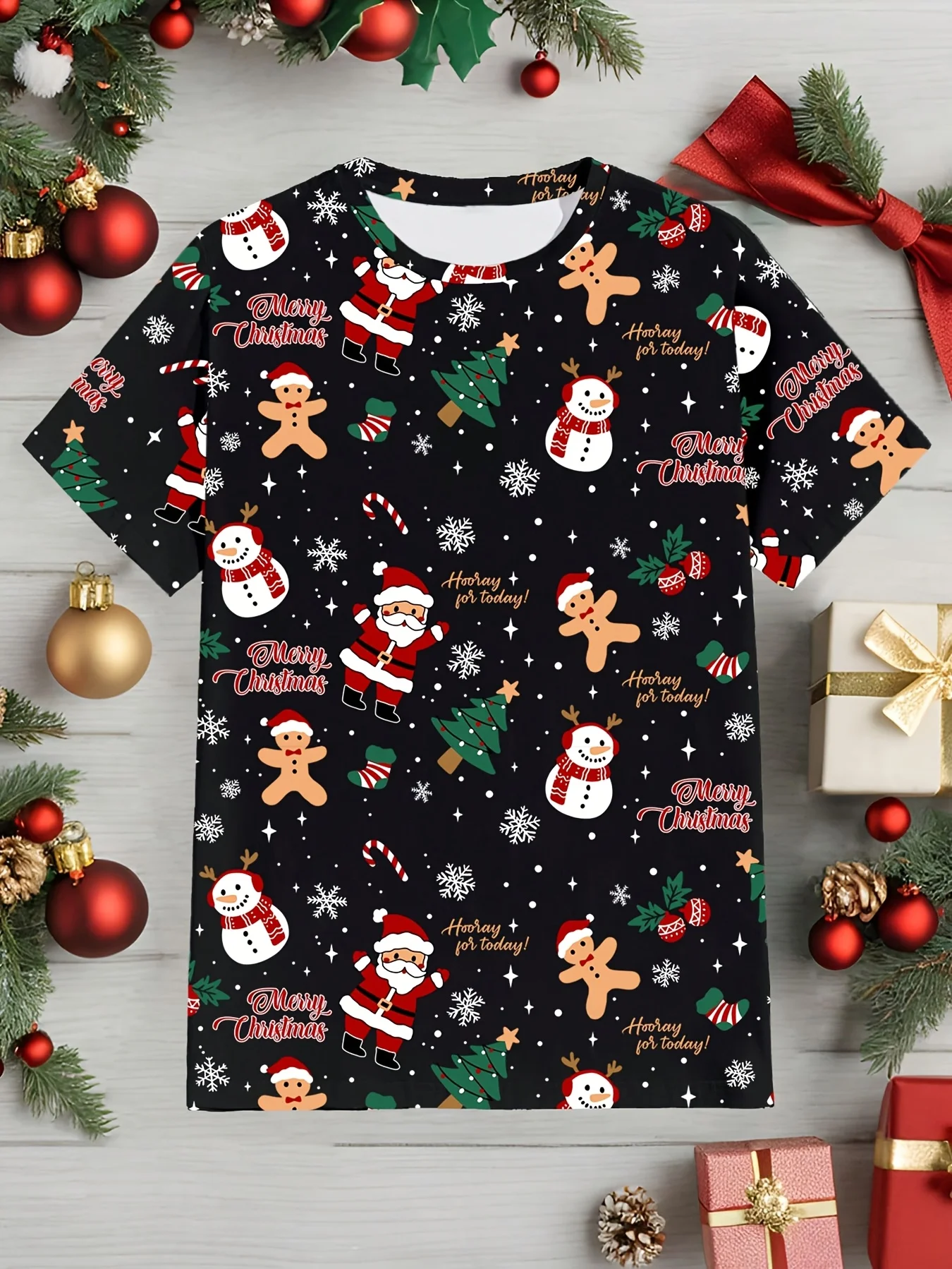 Kids Clothes Cartoon Santa Claus Christmas Tree Graphic T-Shirt Boy Girl Christmas Top for 2-14Y Short Sleeve Tee for Xmas Gift