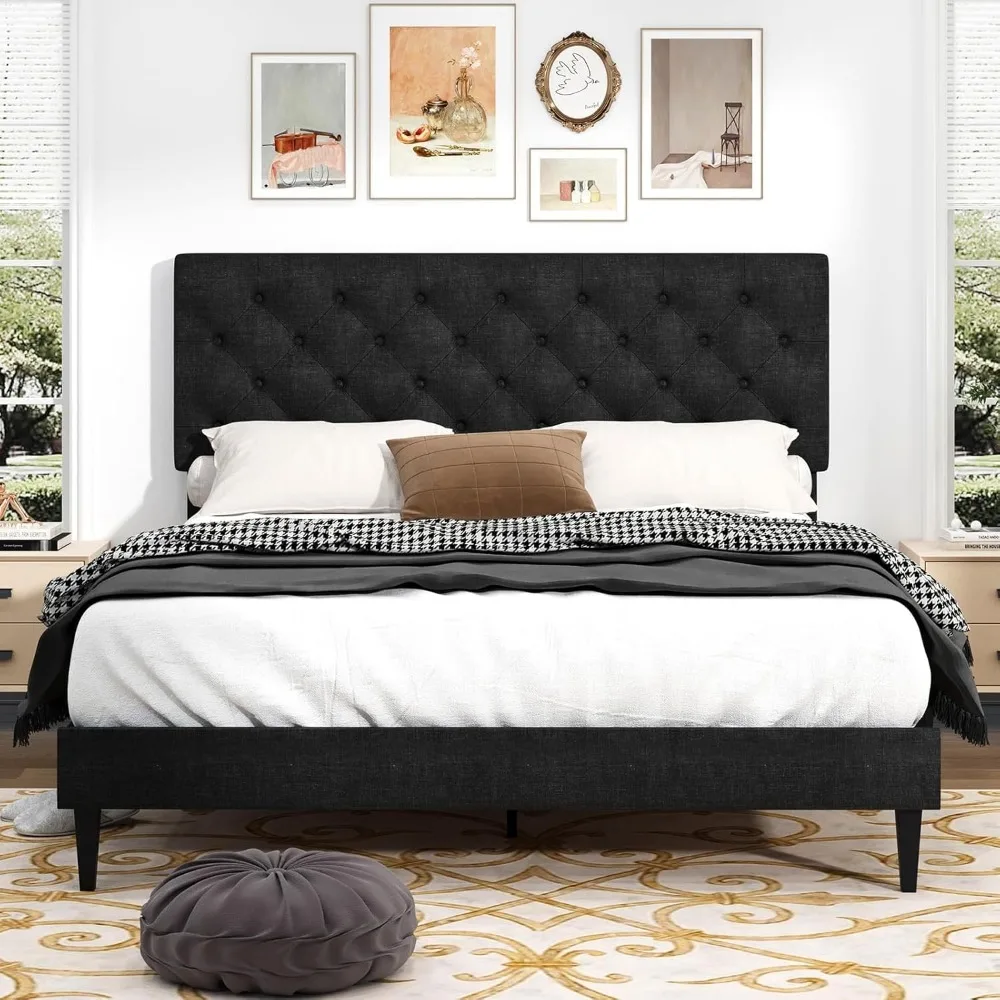 

Upholstered Platform Bed with Button Tufted Headboard,Fabric Beds with Wooden Slats Support,No Box Spring Required,Easy Assembly