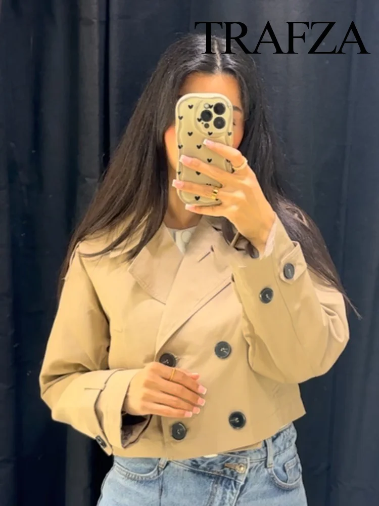 

TRAFZA Women Pockets Lapel Double-breasted Jacket Female Autumn Winter Elegant Versatile High Street Casual Long Sleeve Coat