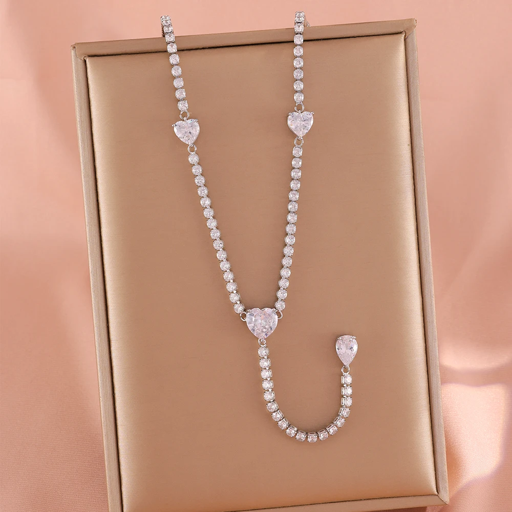 ZAKOL Luxuriöse Y-förmige lange Halskette mit runden Herz-Zirkonen für Damen, exquisiter Schmuck für Hochzeit, Bankett und Party. – Detail 7