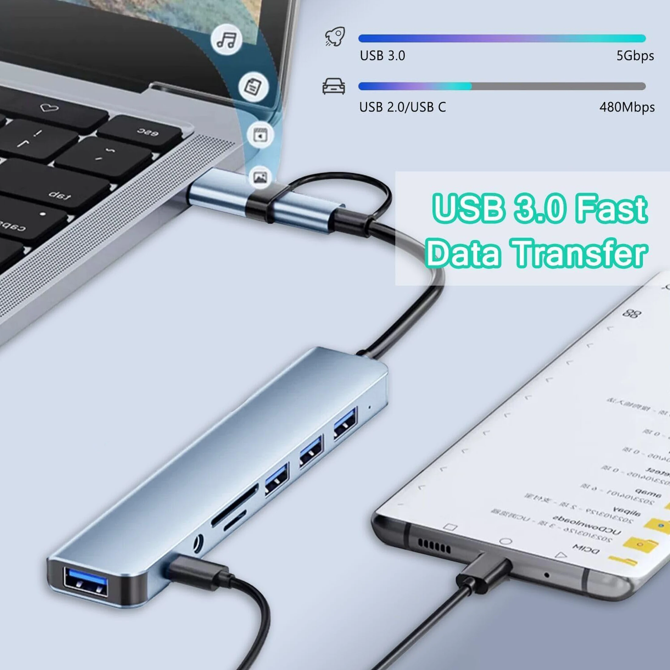8 In 2 USB HUB With Splitter Card Reader, USB C Port, USB 3.0 / 2.0, SD/TF Splitter Card Reader, Docking Station