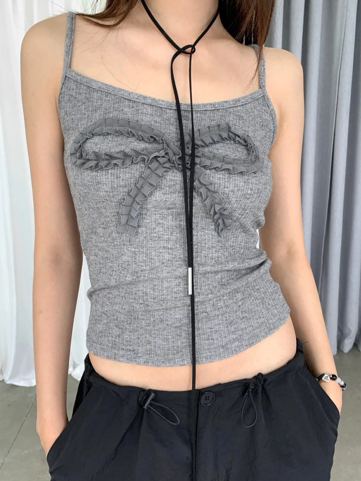 

New 2024 Summer Women Spicy Girl Bow Patchwork Top Camisole Sleeveless Sweet Chic Stunning Fashion Design Trendy Stylish Casual