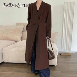 TWOTWINSTYLE Solid Vintage Trench For Women V Neck Long Sleeve Patchwork Button Loose Casual Windbreaker Female Fashion Style