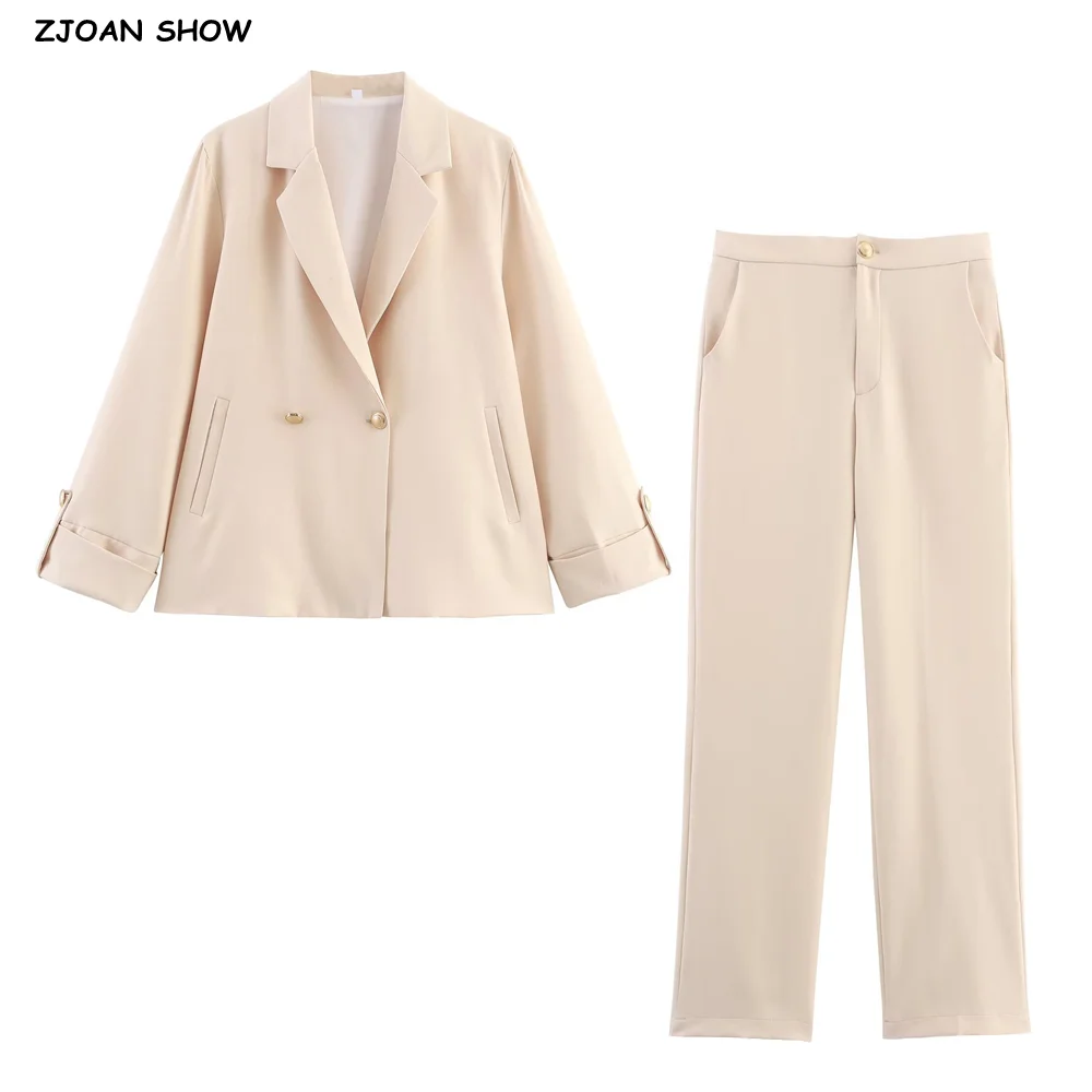 

2 шт., 1 комплект, осень 2025 г., свободный повседневный пиджак с длинными рукавами и прямыми брюками с высокой талией, брючные костюмы