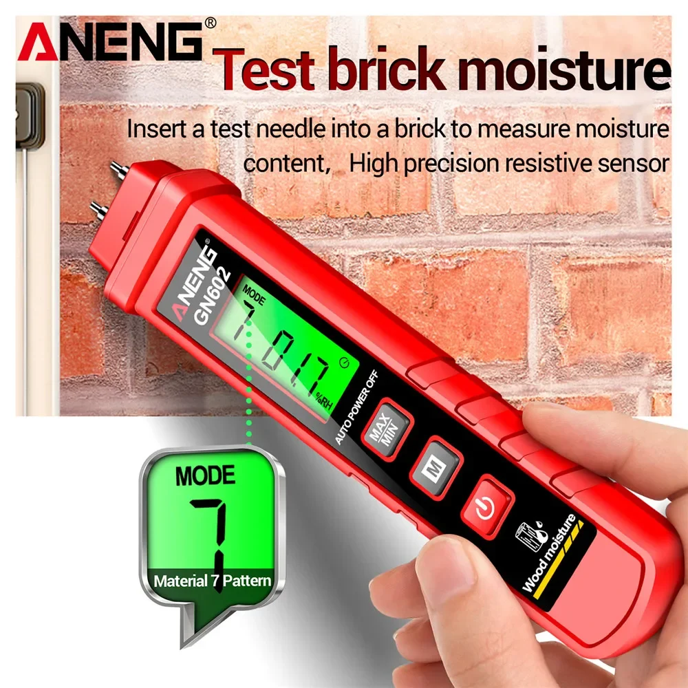 ANENG GN602 Tester di umidità intelligente 0~58% Rilevatore di umidità del legno Valore massimo/mini Strumenti materiali da costruzione con schermo