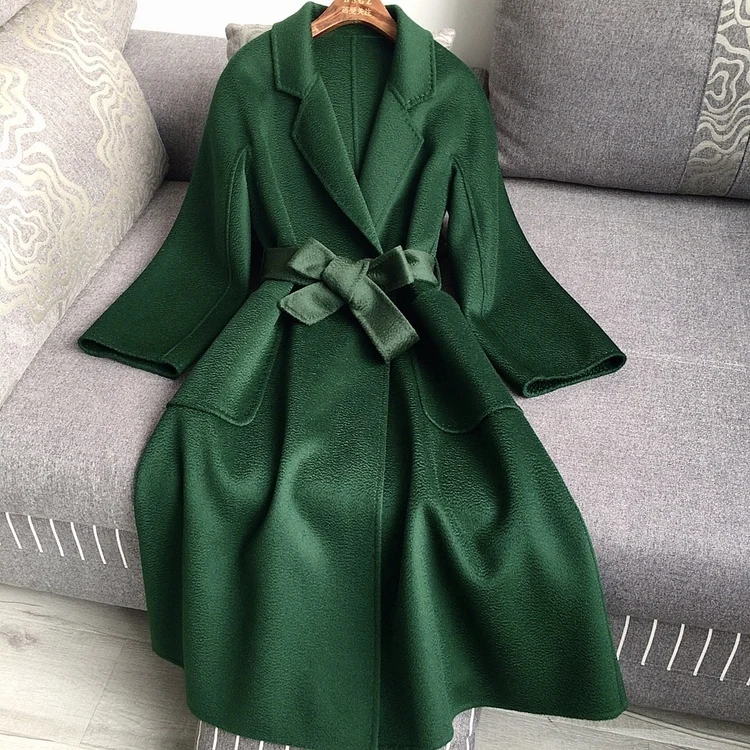 Casual Big Size Thick Water Ripple Handmade Double-sided Wool Women Coat Lapel Long Seelve Loose Belt Jacket New Autumn Winter