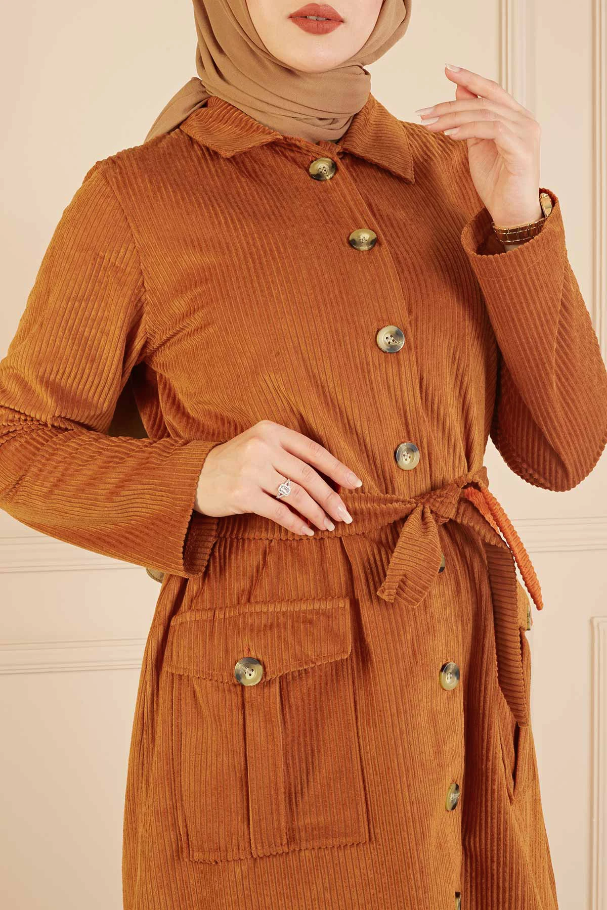 Through-hole Button Velvet Tunic FC Tan