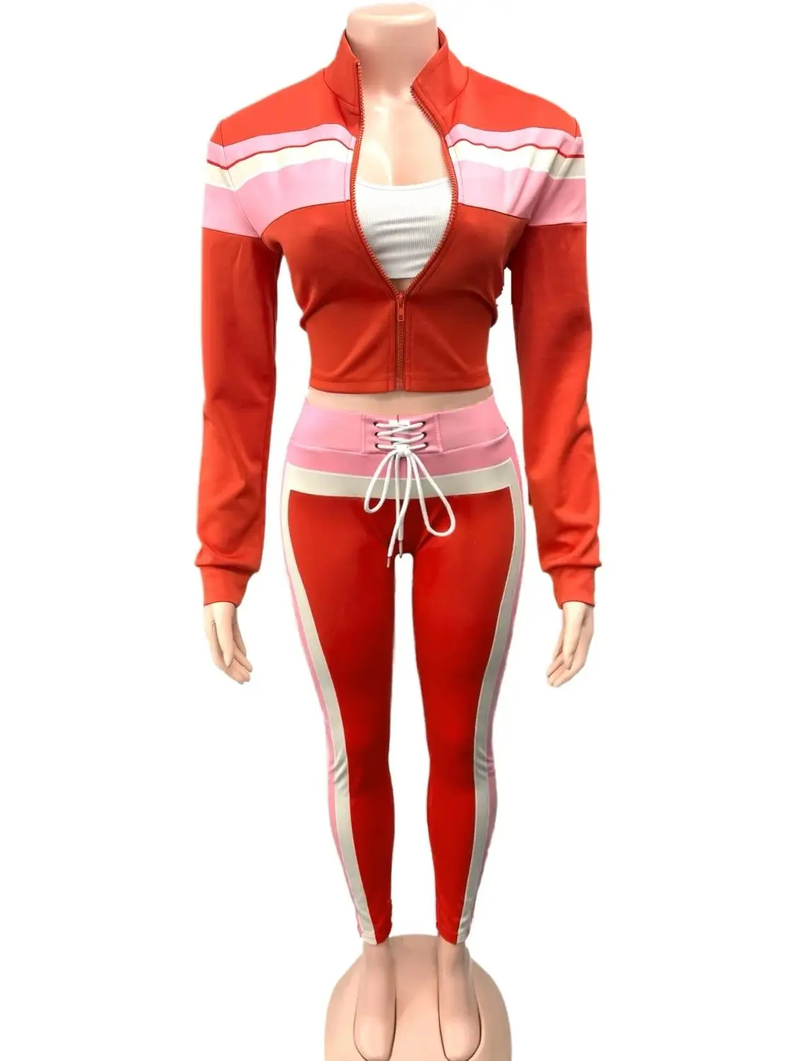 Weird Puss Patchwork – ensemble 2 pièces pour femmes, survêtement sportif, manches longues, fermeture éclair, haut court + Leggings à franges, tenues slim décontractées assorties