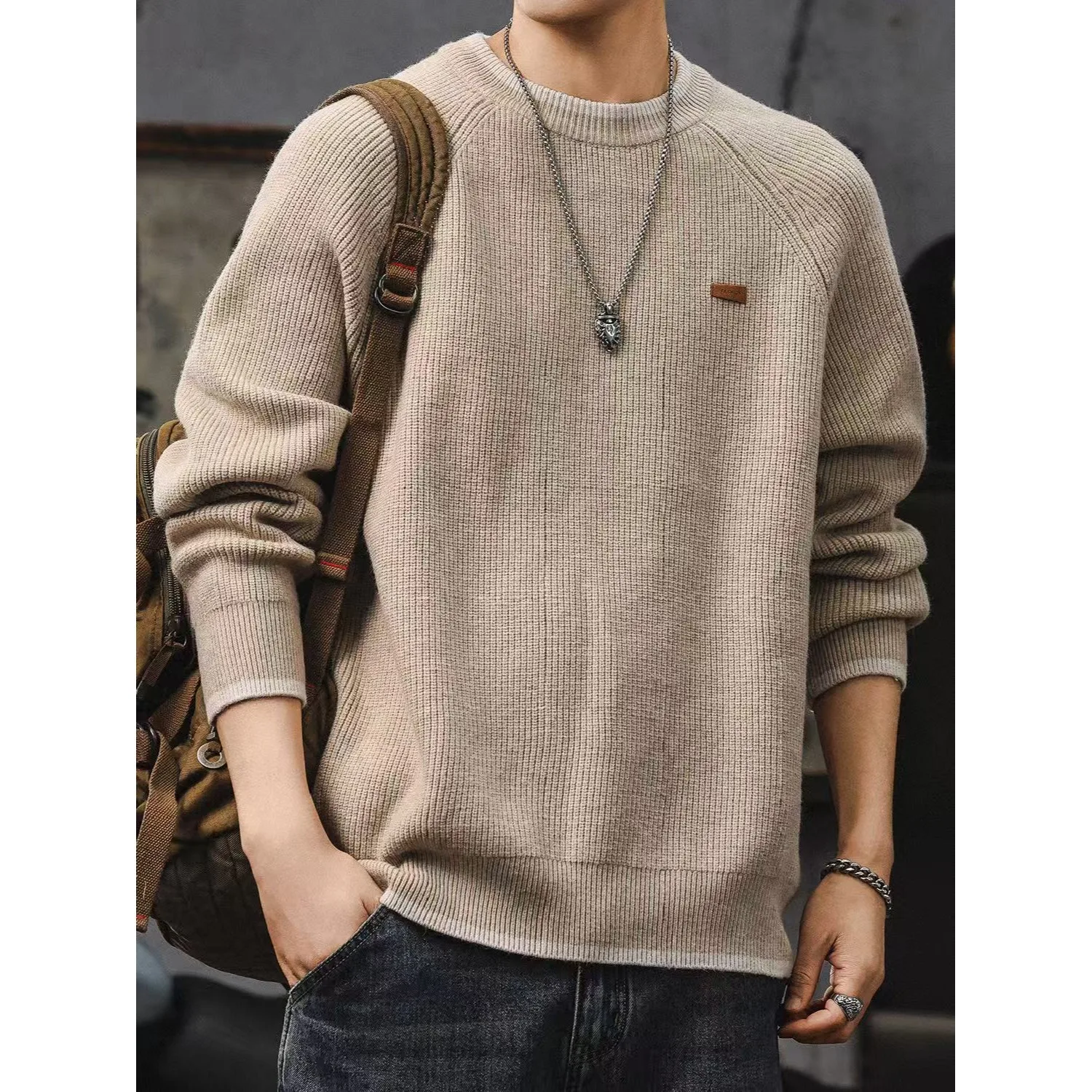 

High-End American Retro Men's Sweater Loose Casual Knitted Long Sve round Ne Warmth Autumn Winter Faion Inner Wear