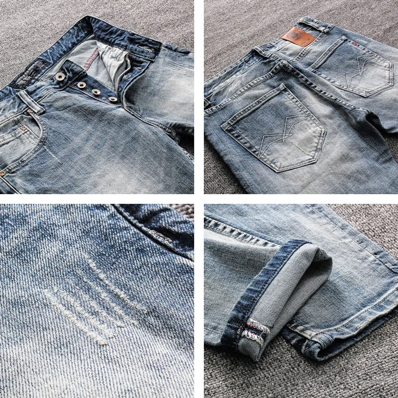 Fashion Designer Men Jeans High Quality Retro Light Blue Stretch Slim Fit Ripped Jeans Men Buttons Fly Vintage Denim Pants Homme