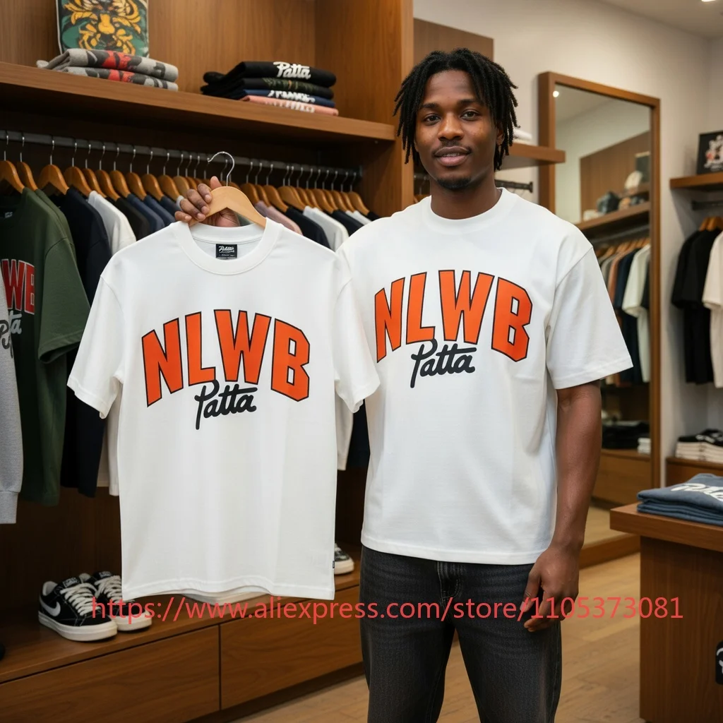 Patta NLWB Graphic Tee 2026 Bold Orange Letter Print T-Shirt with Back Panther Cartoon Streetwear Oversized Fit Double Sided