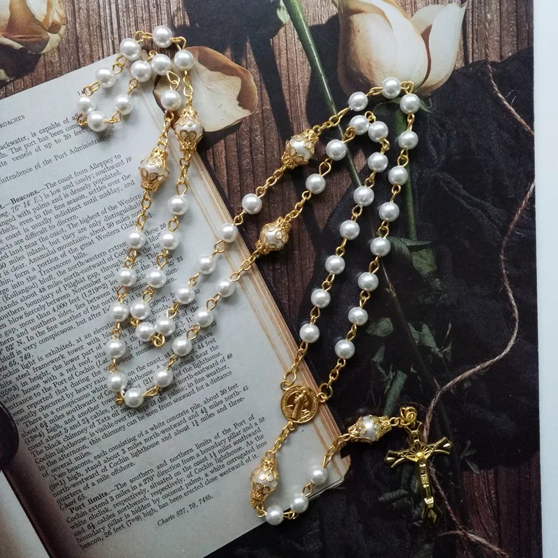 QIGO White Imitation Pearl Rosary Necklace With Cup Crucifix Cross Saint Benedict Pendant Catholic Jewelry