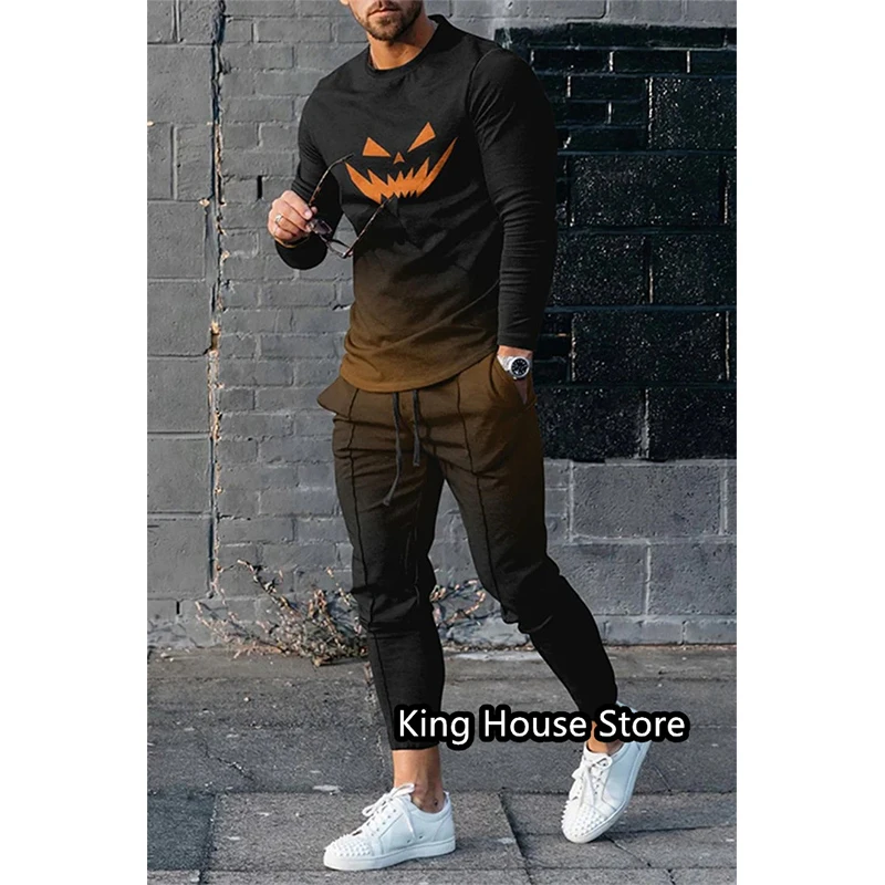 

Halloween Pumpkin Men's Outfit Tracksuit 2 Piece Set Long Sleeve Trouser Streetwear Autumn Fashion Oversized Jogger Trouser Set