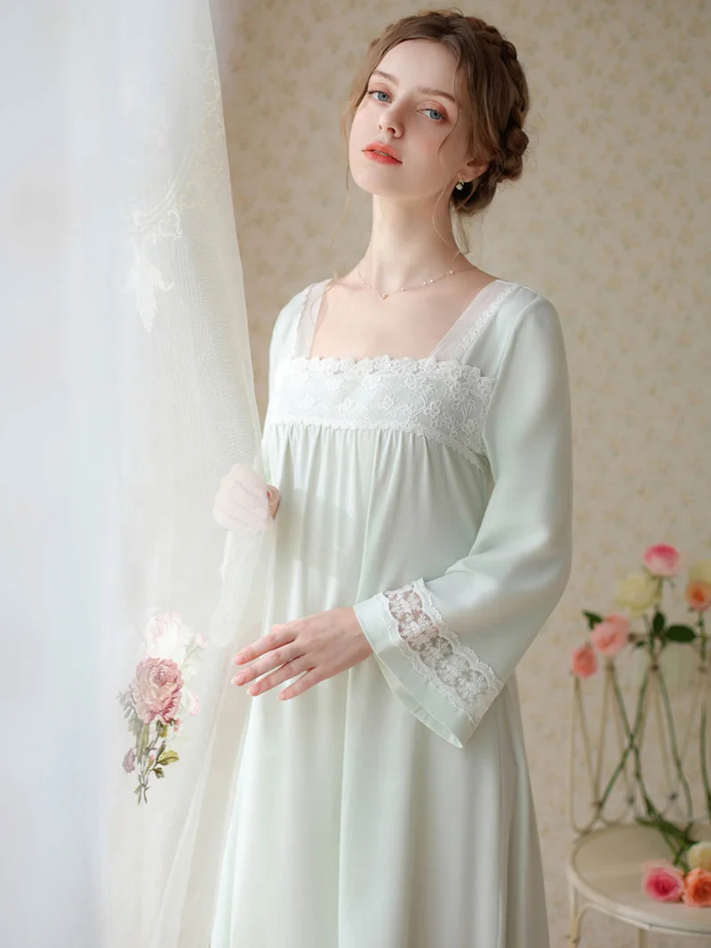 Women Spring Autumn Sleepwear Long Sleeved Cotton Lace Antique Sweet Pajamas Nightgowns Square Neck Princess Vintage Nightdress