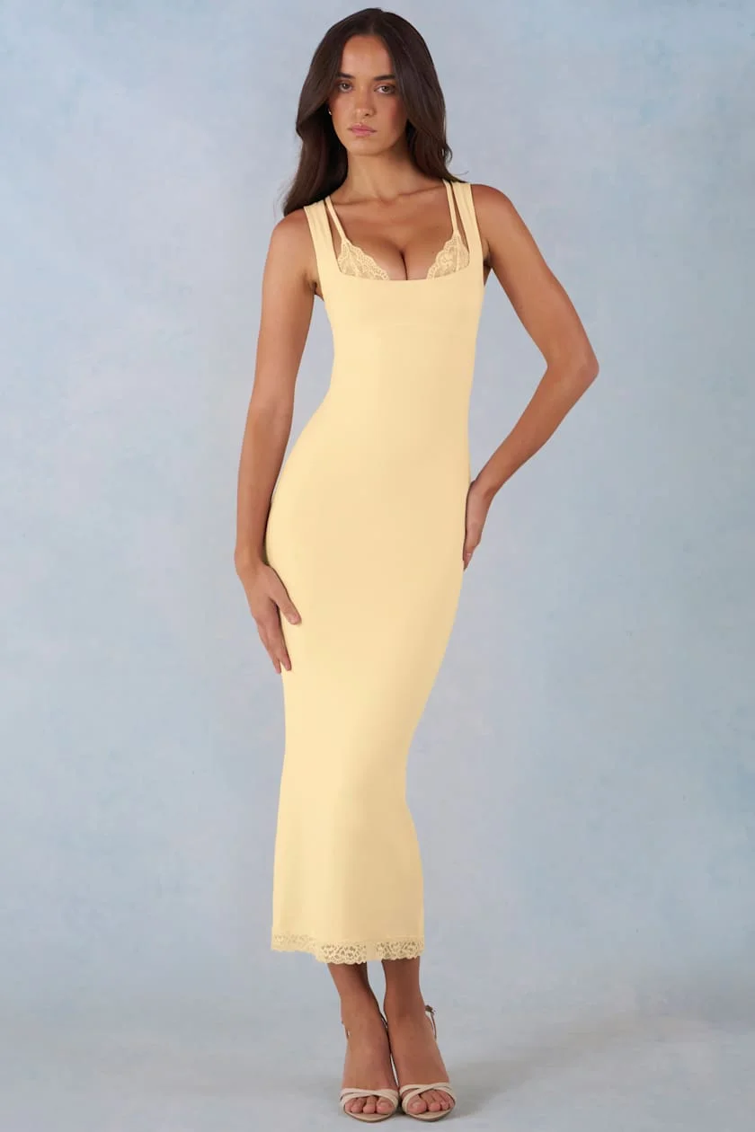 

Elegant Bodycon Midi Dress Women Lace Trim Slip Dress Sexy Party Club Gown Evening Formal Wear Summer Sleeveless Tight Fit