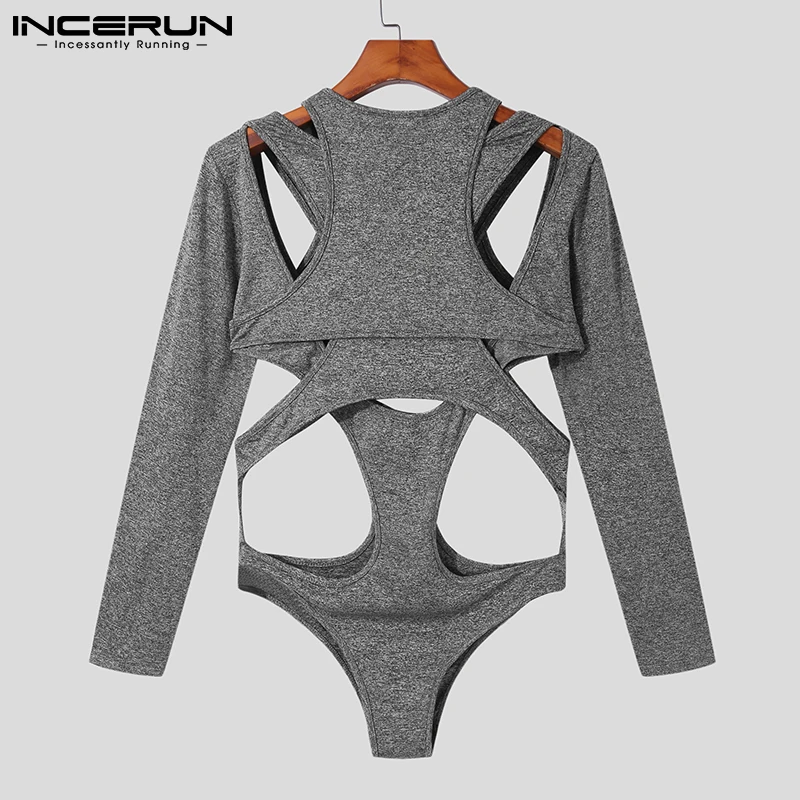 INCERUN Men Bodysuits Solid Color Sexy O-neck Long Sleeve Streetwear Irregular Bodysuit Men Hollow Out Fitness Tops Romper S-5XL