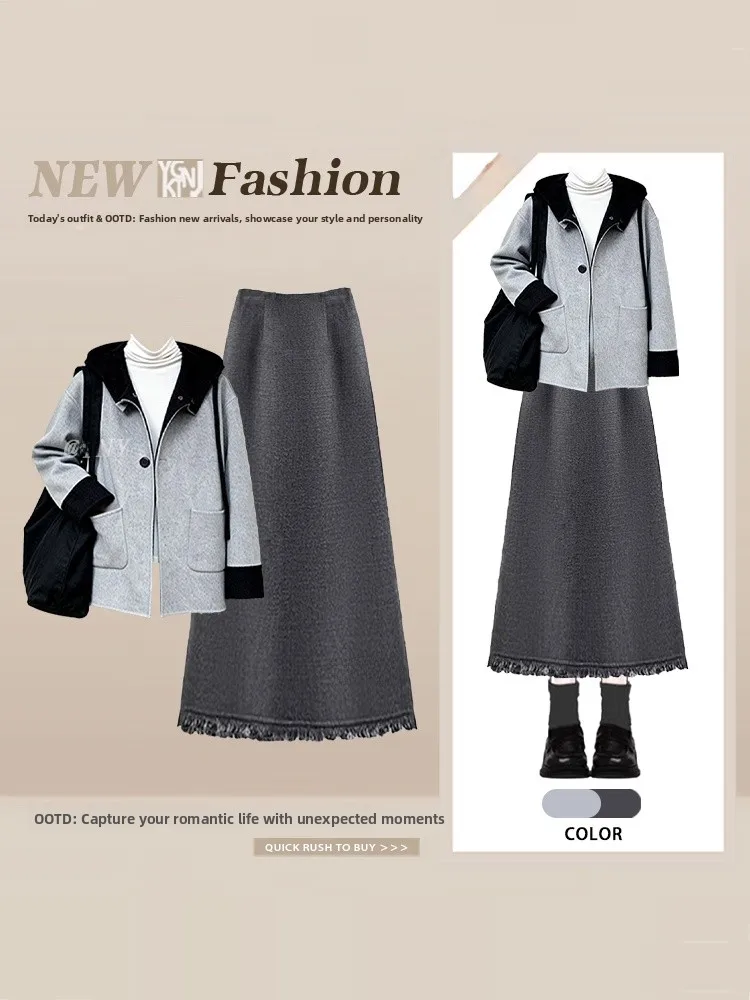 Herfst Winter Dames A-lijn Rok Met Kwastje Afwerking En Capuchon Jaet Set Tweedelige Zachte Ele High-End Faion Ensemble