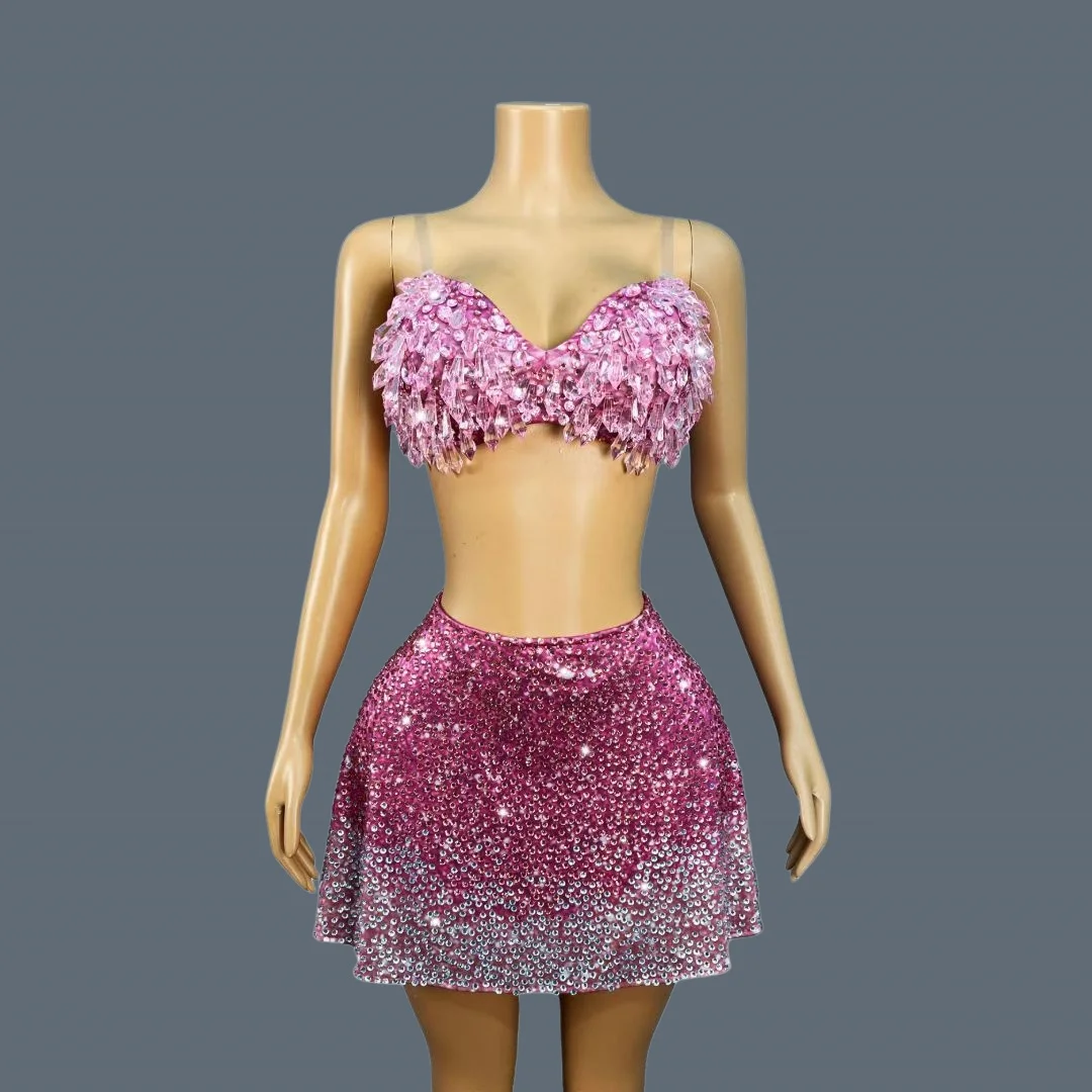 Sparkly Rhinestone Pink Crystal 2Piece Outfit Sequin Gradient Mini Skirt Sheer Strap Crop Top Party Clubwear Prom Dress Huafen