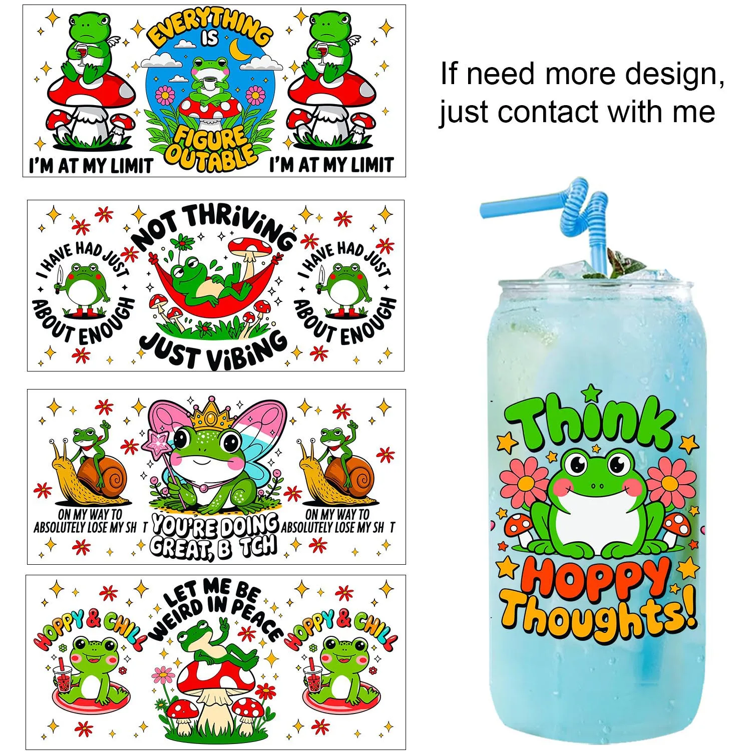 1/5PCS Bundle Funny frog quotes Cartoon UV DTF Transfer Sticker DIY Decals 3D transfers uvdtf stickers 16oz uv dtf cup wraps