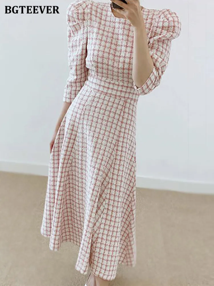 BGTEEVER Elegant Puff Sleeve Women A-line Dress Spring Summer Slim Waist Female Plaid Dress Chic Mid-length Ladies vestidos