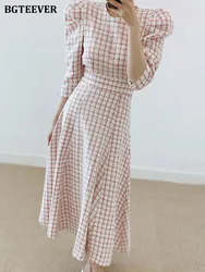 BGTEEVER Elegant Puff Sleeve Women A-line Dress Spring Summer Slim Waist Female Plaid Dress Chic Mid-length Ladies vestidos