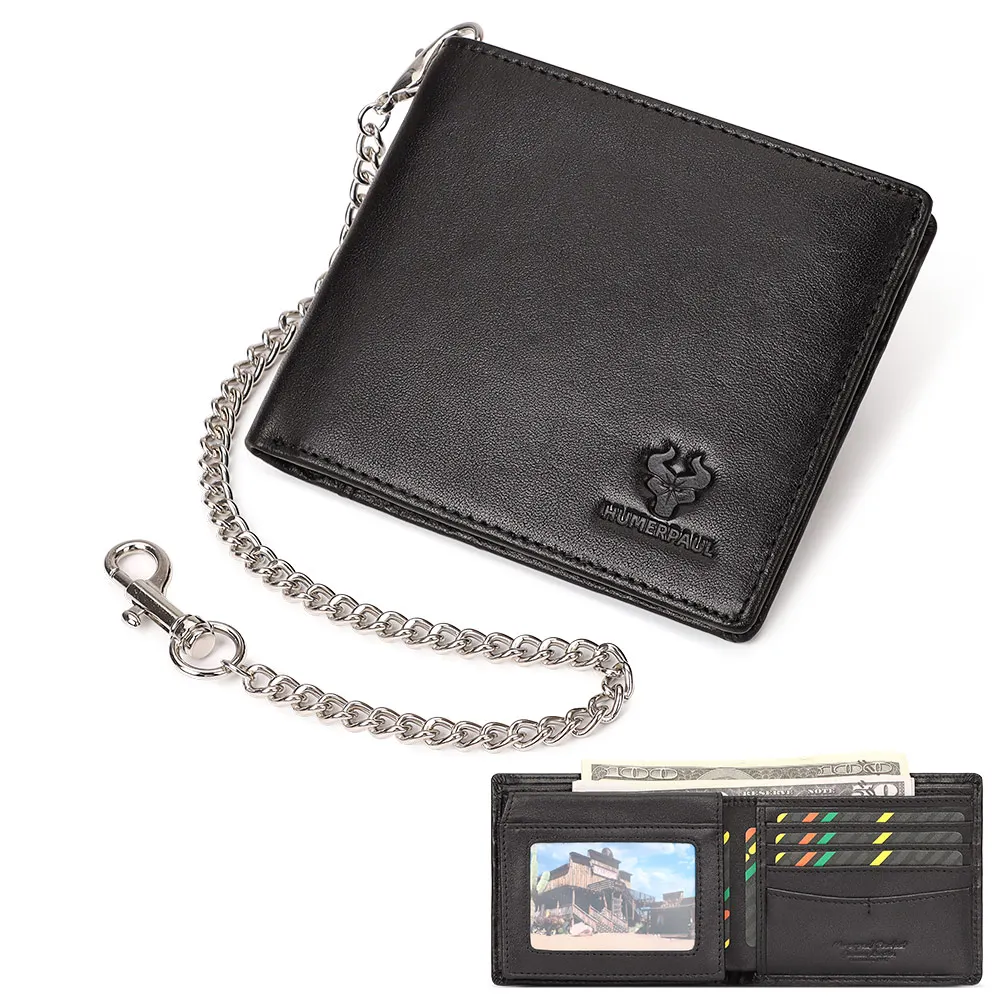 KAVIS 100% Genuine Leather Short Purse Business RFID Protect Credit Card Holder Clutch For Men With Anti-theft Chain Wallet