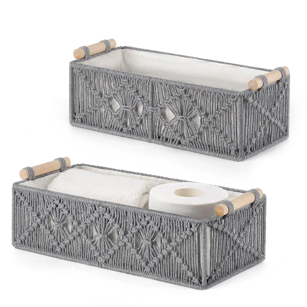 ABJS Macrame Storage Baskets Boho Decor Box Handmade Woven Countertop Toilet Tank Shelf Cabinet Organizer, Set of 2,B