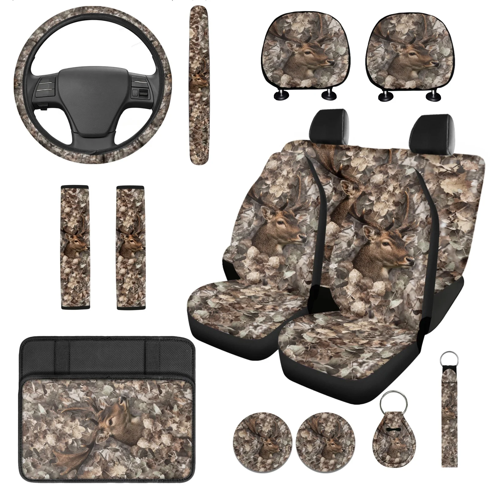 Coloranimal Deer Camo Print 14 Pcs Car Accessories Set with Washable Pillowcase for Car and Car Cup Pad for Car Interior
