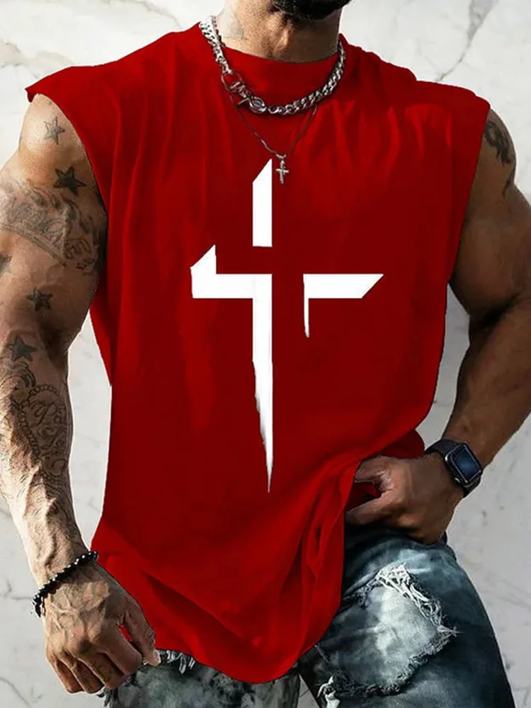 2025 new cross element fashionable casual sleeveless vest personalized T-shirt for men