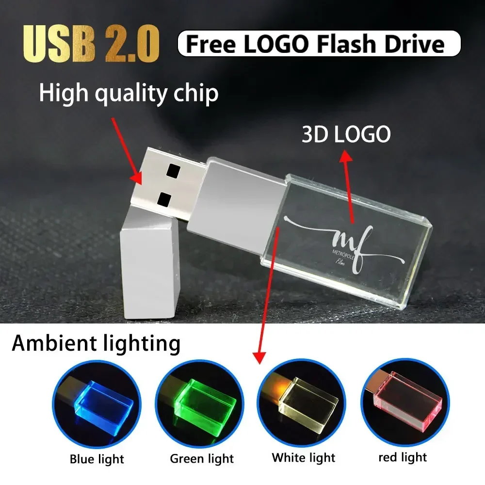 30PCS Wholesale Crystal USB2.0 Flash Drive 128G Free Logo 3D Memory Stick 64GB Delicate Business Gift Pen Drive 32GB 16GB U Disk