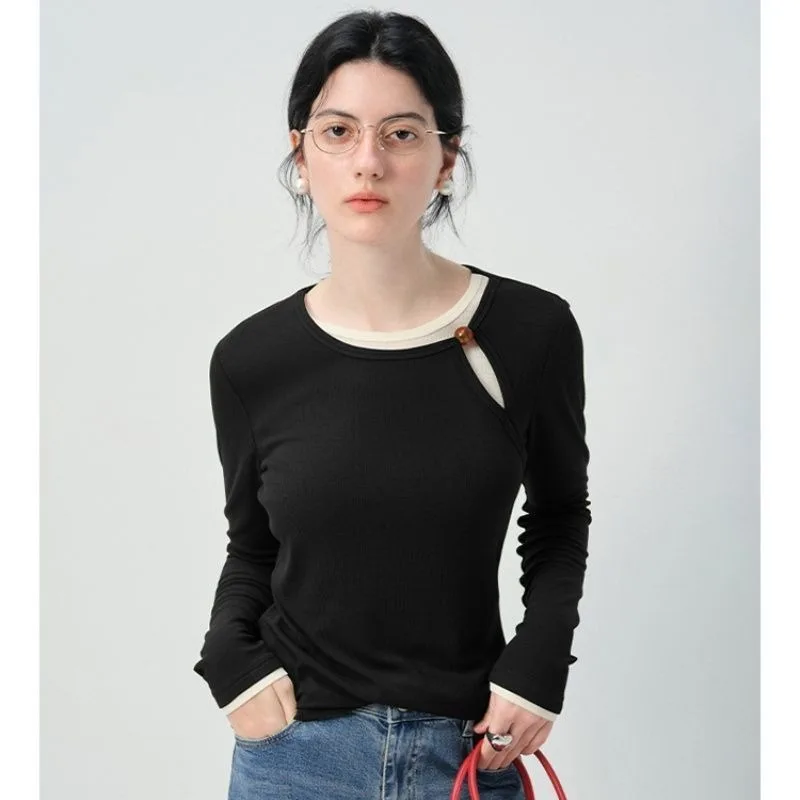Niche Design Women Color Block Long Sleeve T Shirt Asymmetric Bead Detail Slim Fit Casual Base Top