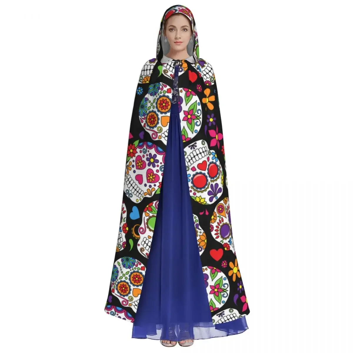 Unisex Adult Day Of The Dead Sugar Skull Background Cloak with Hood Long Witch Costume Cosplay