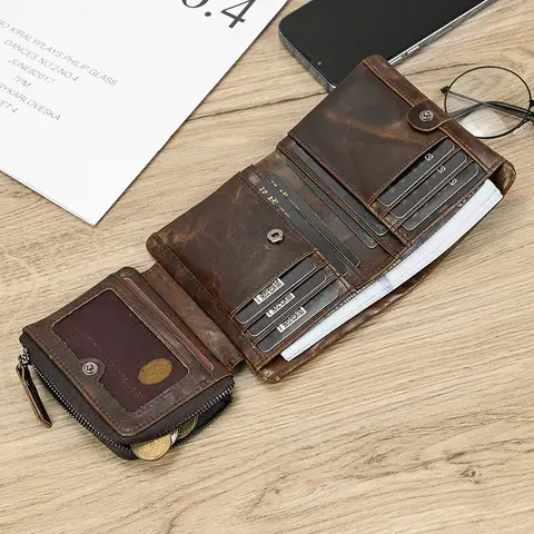 가죽 남성용 짧은 지갑 Hasp 정품 가죽 남여 지퍼 동전 클러치 지갑 소 가죽 카드 홀더 Trifold Man Wallets