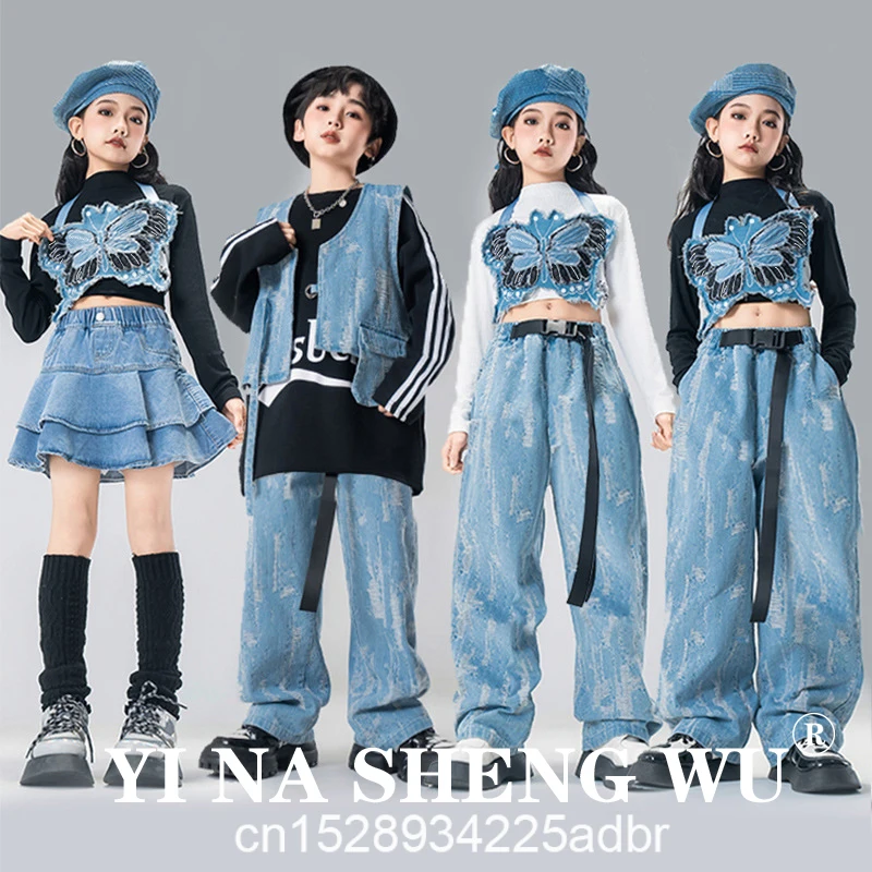 

Girl Hip Hop Clothing Denim Blue Butterfly Crop Tank Patch Ripped Jeans Pants Skirt for Jazz Dance Costume Clothes Street Dance