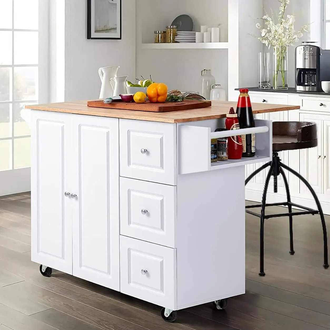 PHI VILLA Kitchen Island Cart on Wheels - Portable Kitchen Island with Drop Leaf, Rolling Kitchen Island with Storage