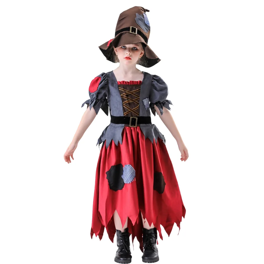 

2025 New Arrival Red Kids Patchwork Witch Halloween Fancy Dress up Wizard of Oz Girls Scarecrow Costume