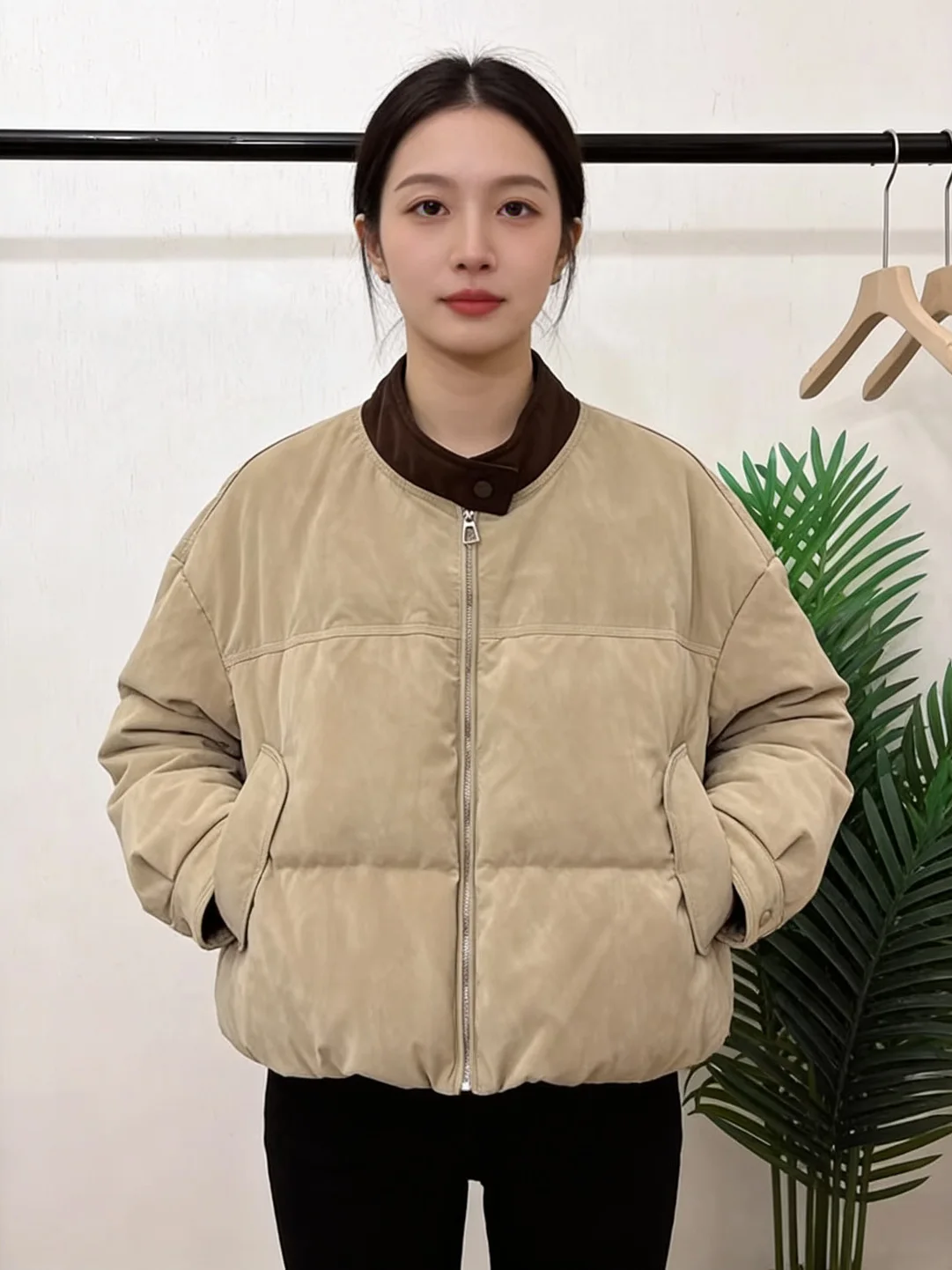 

Retro round Neck Thickened Cotton Jacket Women's Fashionable Khaki Color All-Match Winter Outerwear Korean Style Loose Fit