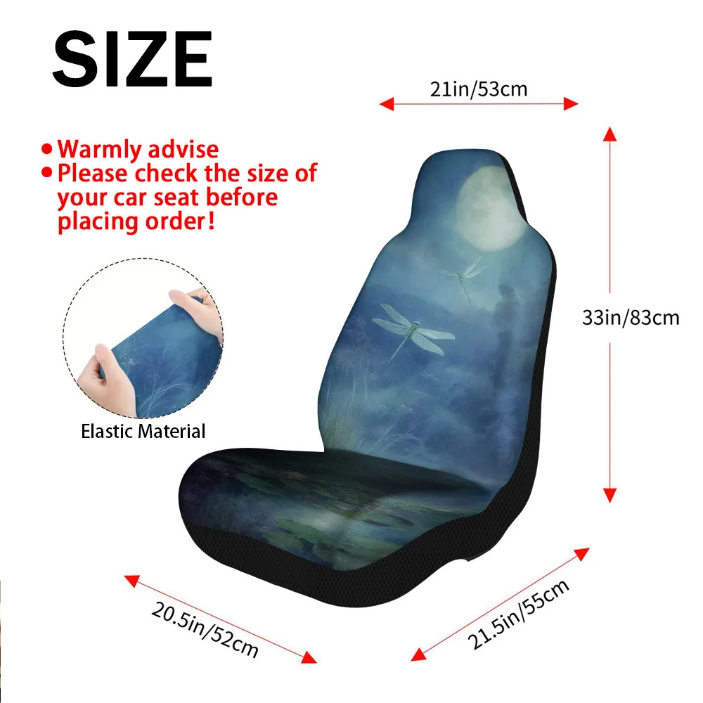 Set Of 2 Universal Car Seat Covers Featuring A Print Of Moonlit Dragonflies Over A Pond. These Premium Covers Are Designed For S