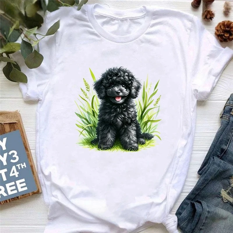 Black Poodle Puppy Animal Printed Tshirt Girls Kawaii Dog Lover T Shirt Women Harajuku Shirt Summer Fashion T-Shirt Female Y2K
