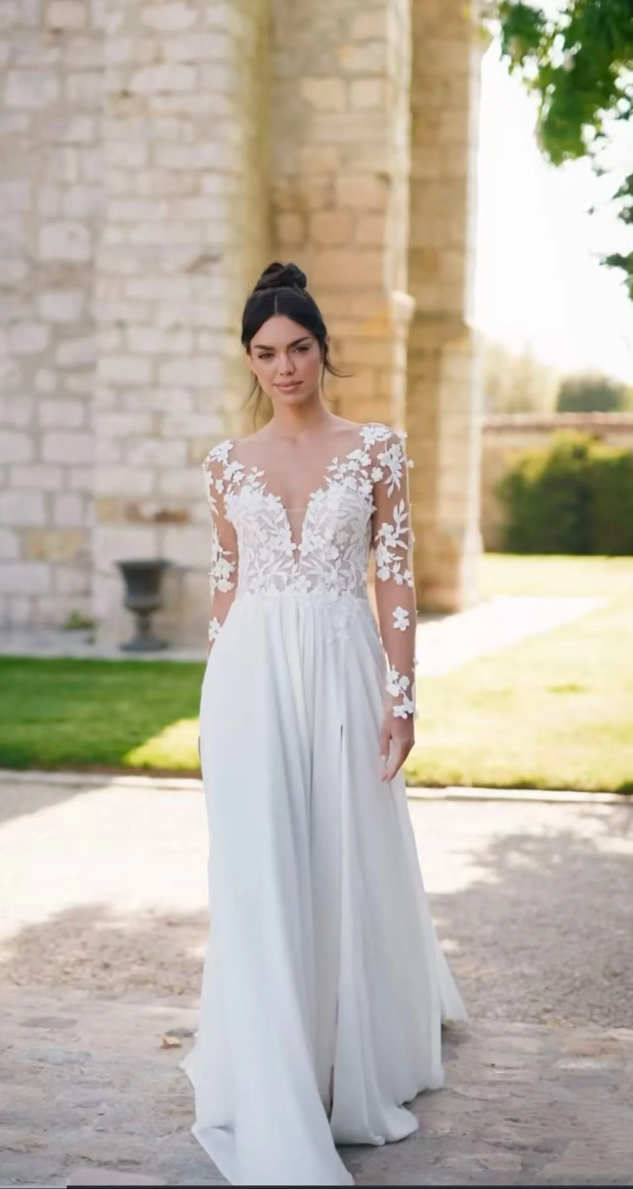 

Иллюзионные свадебные платья больших размеров с длинными рукавами и v-образным вырезом на молнии сзади и пуговицами, шифоновое свадебное платье Robe De MarieeCustomized