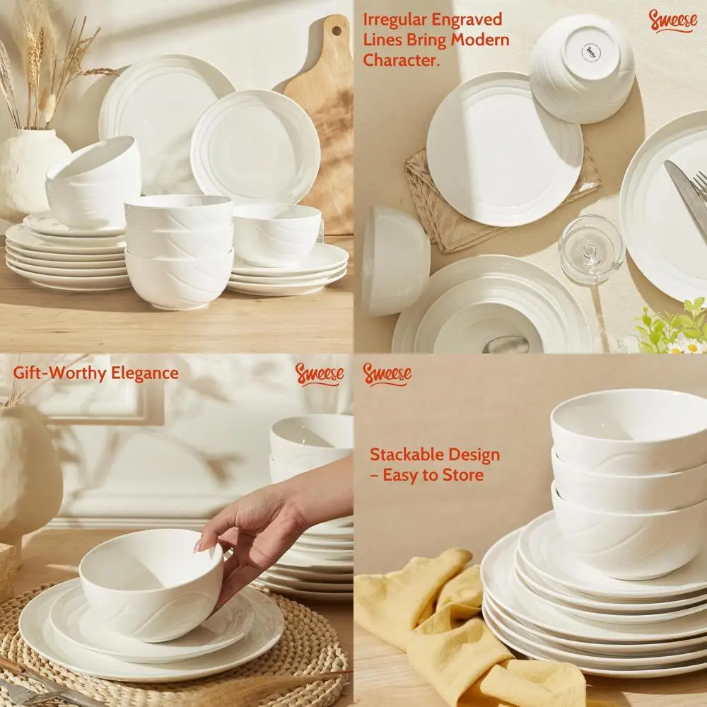 

Sweese Porcelain 6-Person Dinnerware Set, 18-Piece Ceramic Plate and Bowl Collection, Handmade Minimalist Style Dining Set, Resi