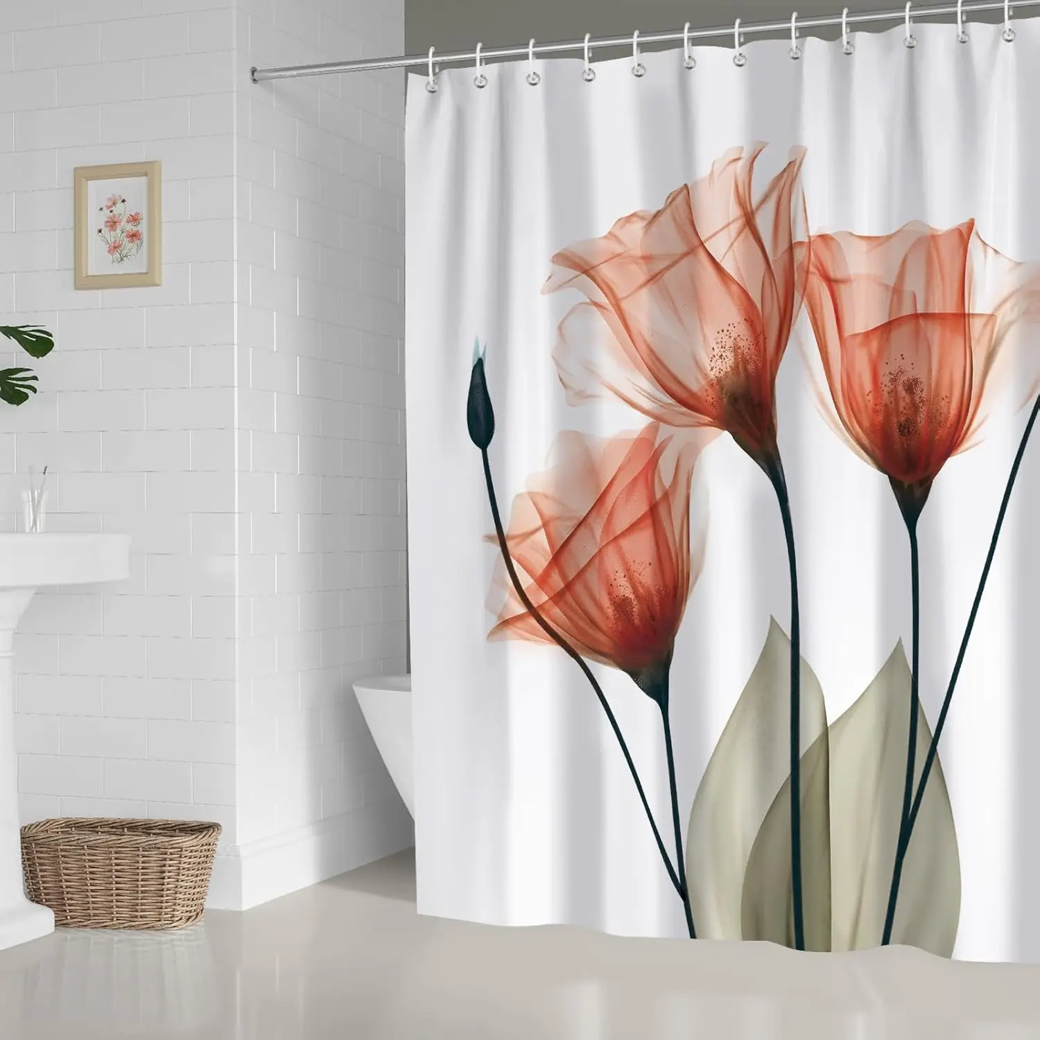 Watercolor Tulip Shower Curtain – Orange Floral Design, Modern Artistic Bathroom Decor with Elegant Flowers