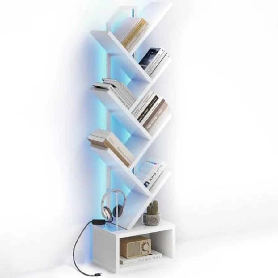 

Tree Bookshelf with LED Lights Narrow Bookcase for Small Spaces Tall Steel and Wood Storage Shelf with Cabinet Home Decor and O