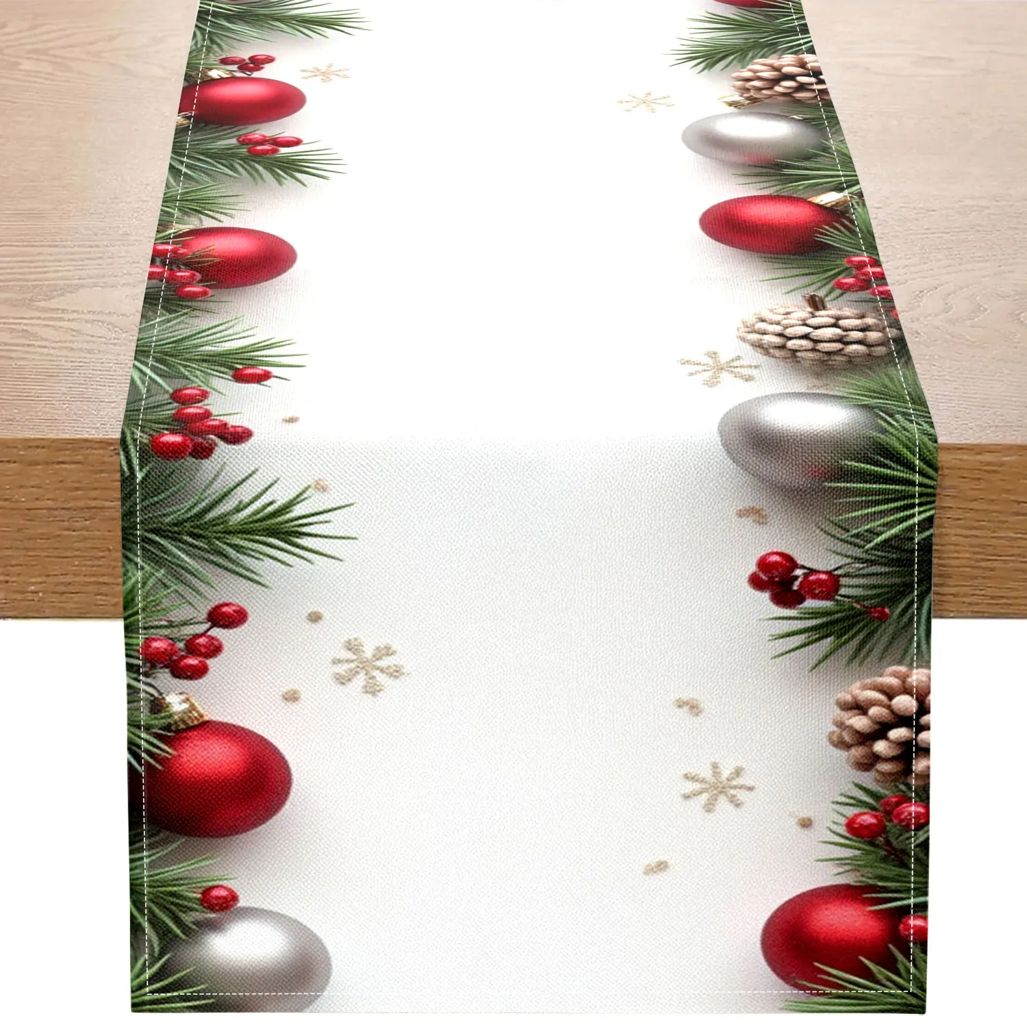 1 Piece of Christmas-Themed Table Runner, Decorated with Colorful Balls, Pine Branches, Pine Cones, Etc., Suitable for Christmas Family Dinners and Holiday Party Decoration Scenes