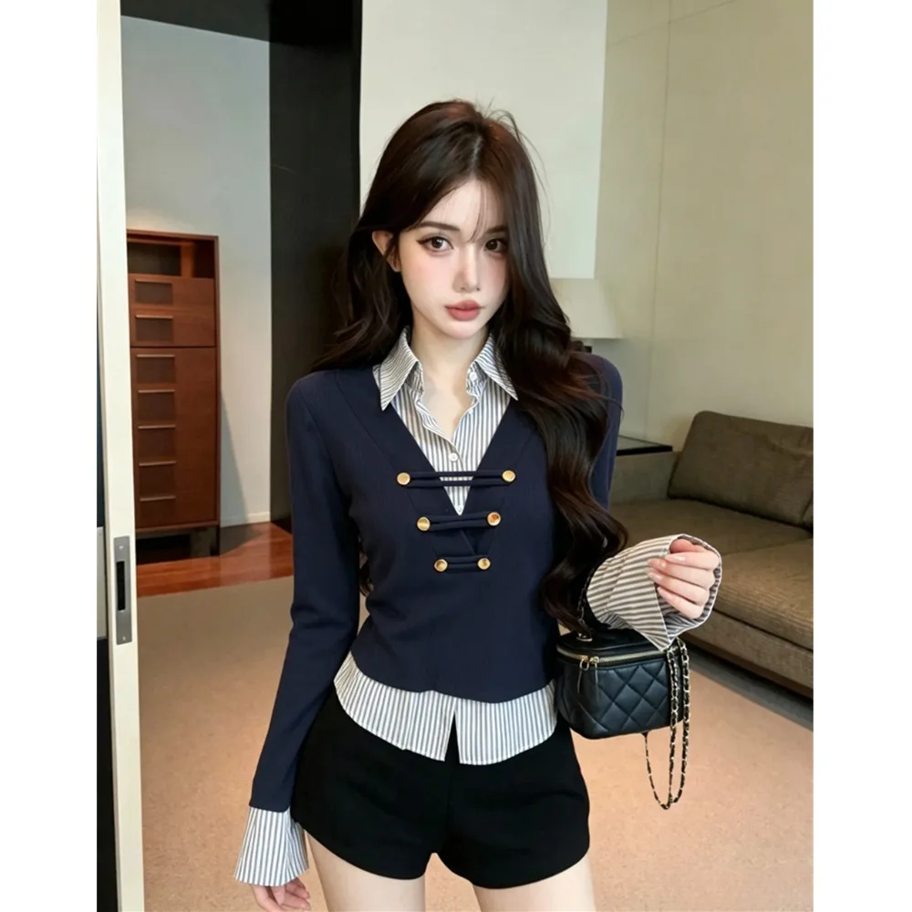 Sweet Style Long Sleeve  Neck T-Shirt Patchwork Slim Fit Autumn Design Sense Fake Two-Piece Set Head Design Women's Top