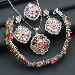 Fashion Mult-Color Stone Silver Color Jewelry Sets For Women Drop Earrings Bracelet Pendant Ring  Gift Free Gift Box