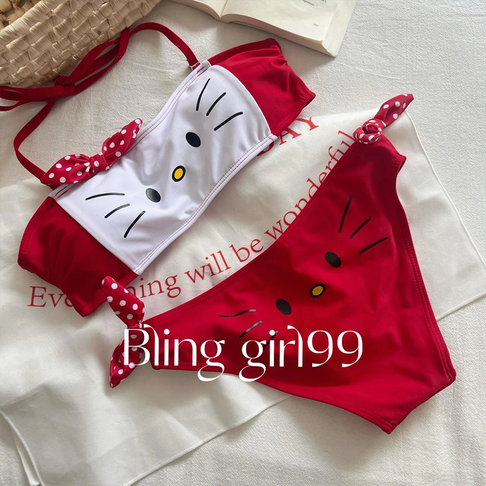 

Kawaii Japanese Kitty Hot Girl Split Strap Summer Bikini Girls Seaside Fashion Resort Swimsuit Leopard Print Cartoon Hello Kitty