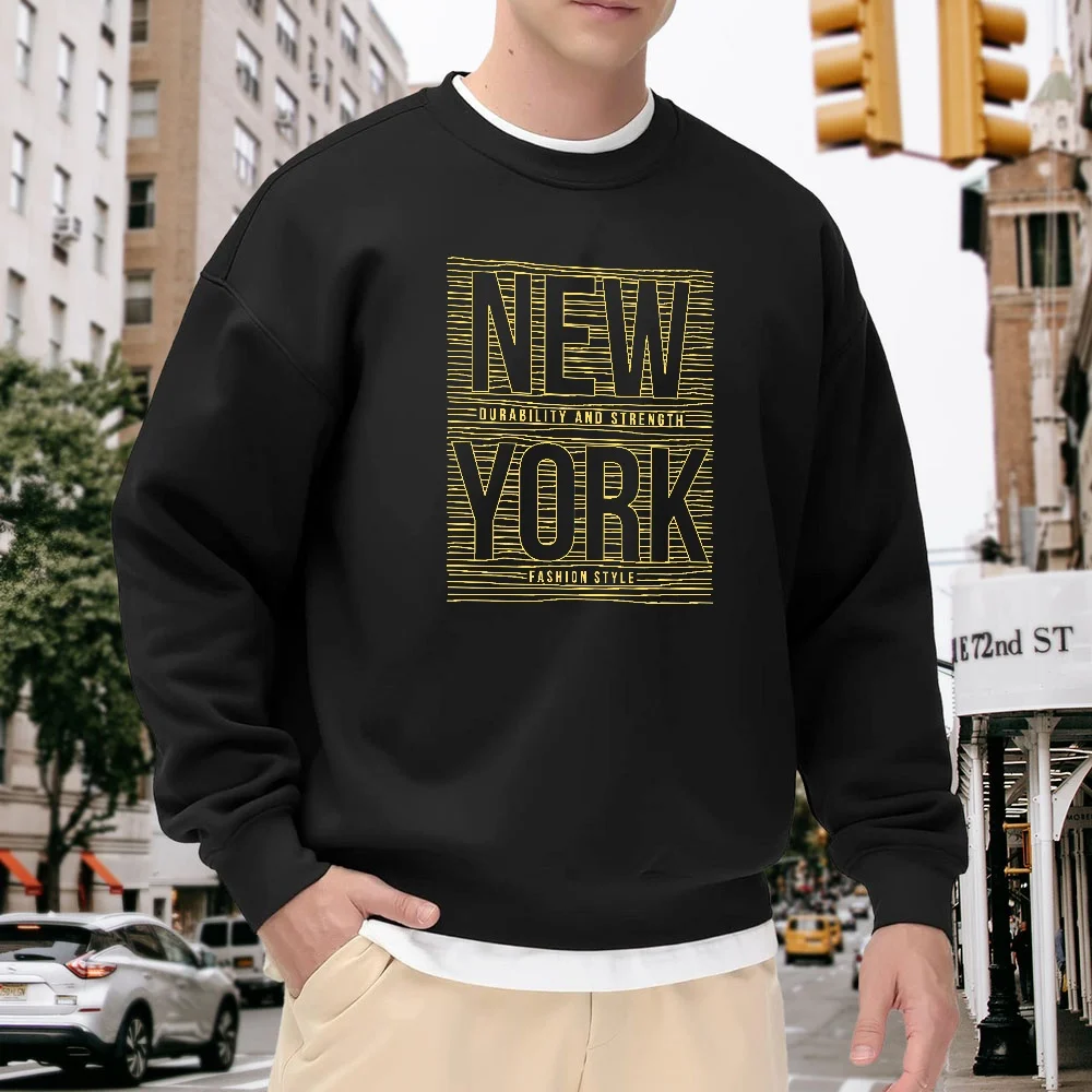 

Men's Black Crew Neck Loose Sweatshirt with New York Letter Print Design, Street Fashion Style, Casual Everyday Versatile Top, Comfortable, Soft, and Breathable