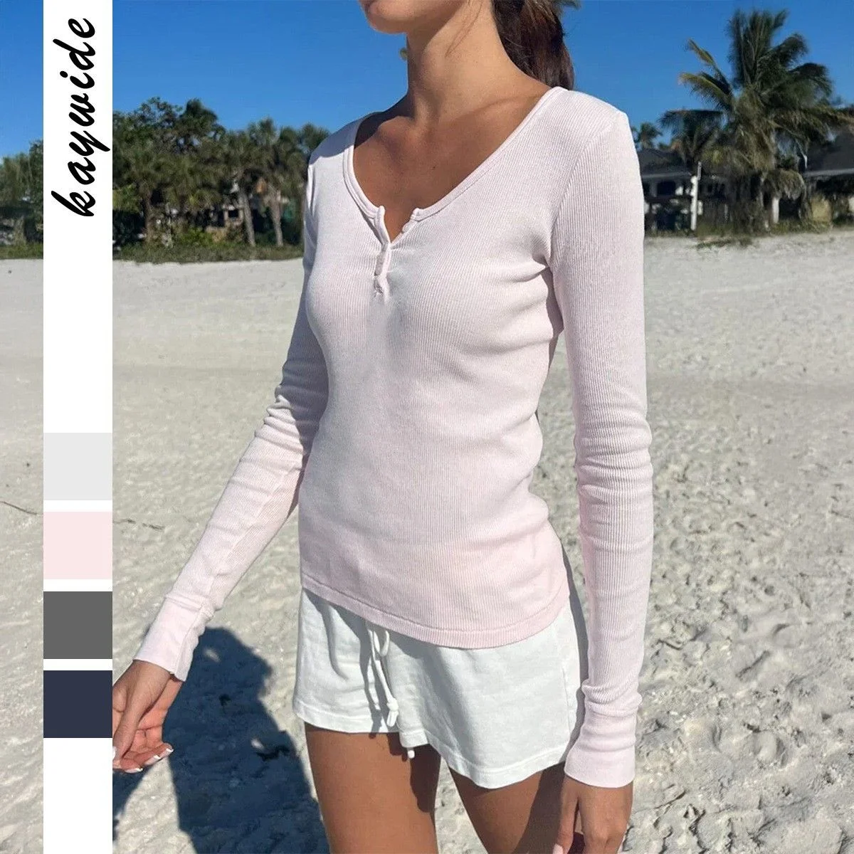 

Faionable Simple Long Sve Color Base irt Женская осенне-зимняя облегающая повседневная футболка без бренда...