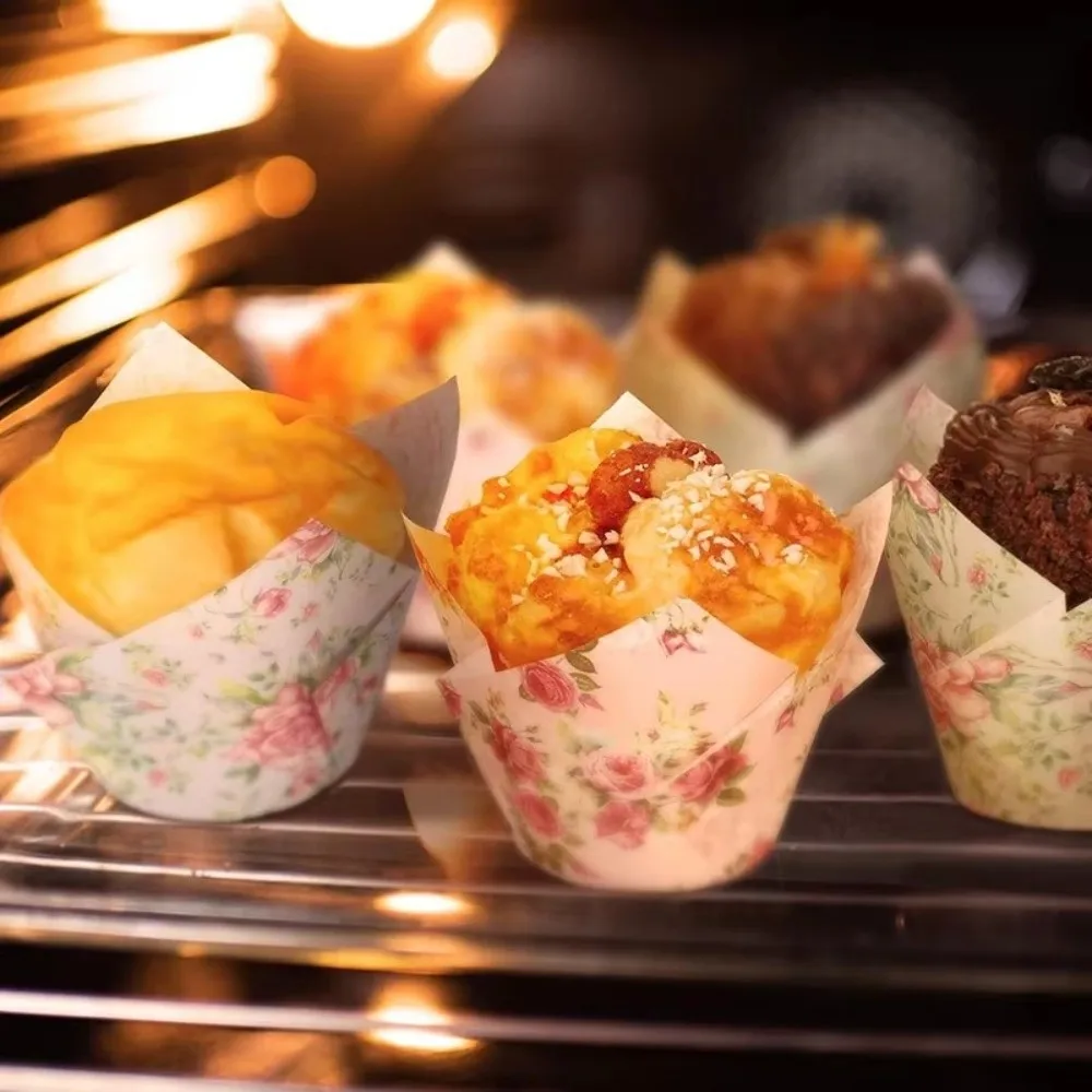 50PCS Paper Muffin Baking Cups Flower Shaped Greaseproof Paper Cupcake Cups Floral Printed Petal Rim Cupcake Liners